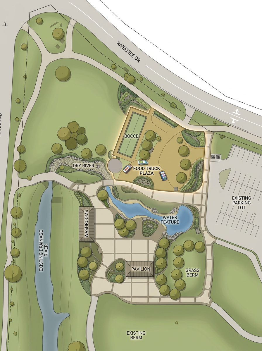 Site plan of Lakewood Common showing the food truck plaza, pavilion, bocce courts, water feature, washrooms, parking lot, and grass berm